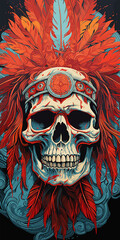 Naklejka premium Skull with red feathers, tribal headdress.