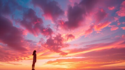 Silhouette of an HIVAIDS survivor standing tall against a vibrant sunset, a powerful image of enduring strength