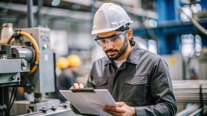 An Indian industrial engineer wearing safety goggles and reviewing equipment specifications in a factory.

