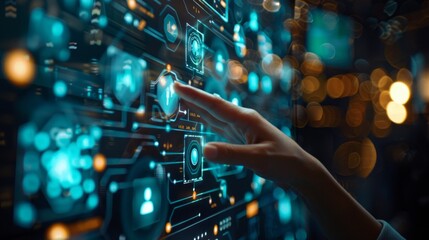 A hand reaches out to engage with a glowing digital interface, showcasing interactive elements amidst a bustling urban atmosphere