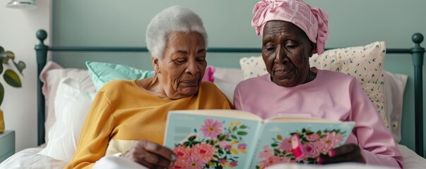 Caregiver reading a book to an HIVAIDS patient, a peaceful and intimate moment in a softly lit bedroom
