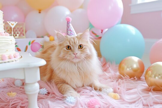 A fluffy kitten in a festive hat lounges amidst vibrant balloons and a charming birthday cake, celebrating joyfully.