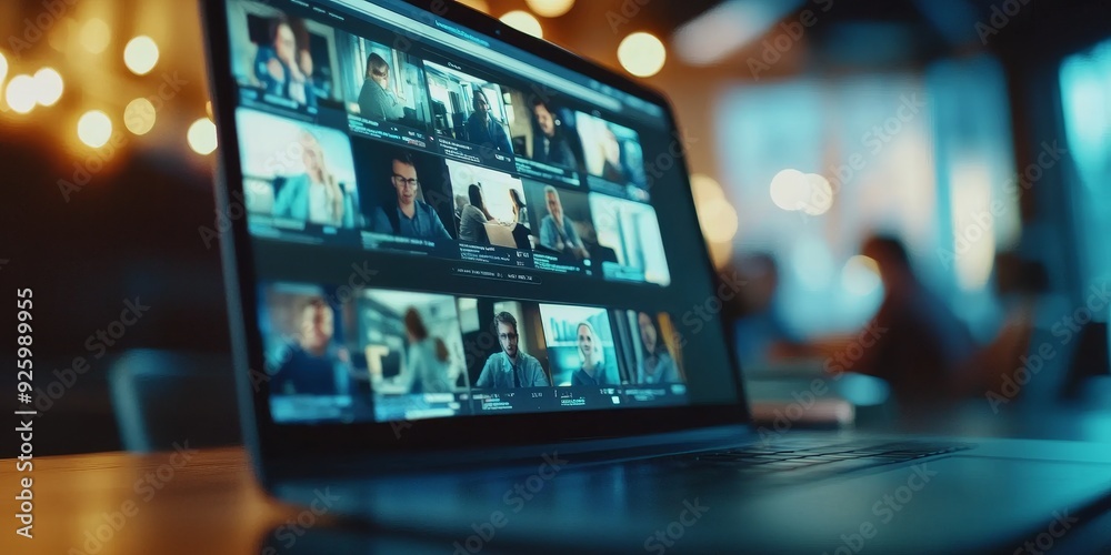 Poster Close-up of a laptop screen displaying a virtual classroom with live video feeds and presentation slides, illustrating the flexibility of online education