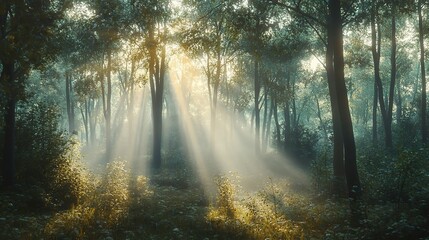 Obraz premium Sunbeams Through the Forest: Mystical morning light pierces through a dense forest, creating an ethereal and serene atmosphere. The sun's rays illuminate the path, inviting exploration and wonder. 