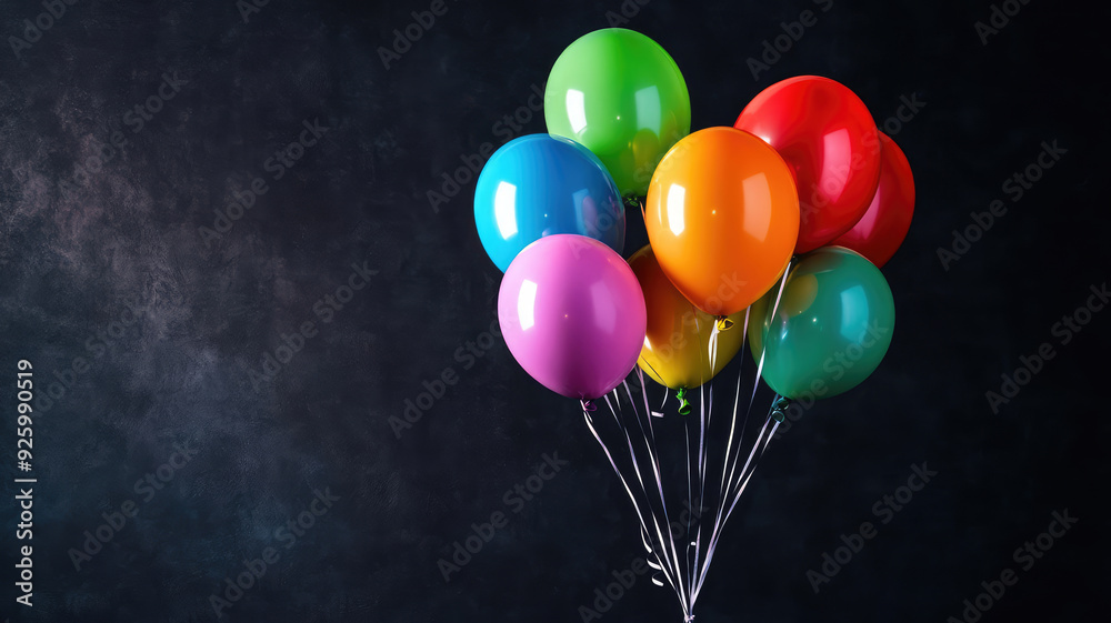 Wall mural colorful balloons are floating down above a dark background, extremely detailed image