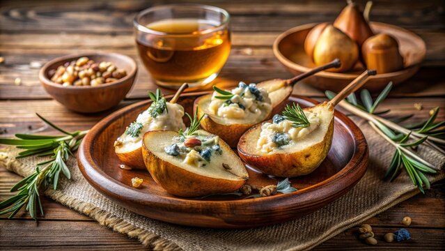 Mitades de peras rellenas de queso azul y nueces, servidas en un plato r&uacute;stico junto a una bebida dorada.