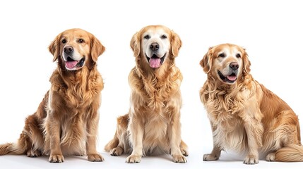 Obraz premium Three golden retrievers sitting side by side on a white background. Suitable for pet-related designs or advertisements