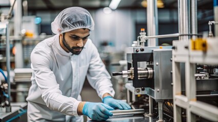 An Indian factory technician working in a clean room environment, handling delicate equipment.
