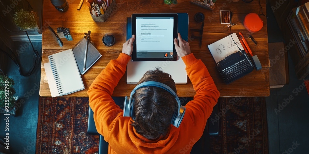 Poster detailed view of a person studying at a desk with a tablet and headphones, emphasizing the focus and