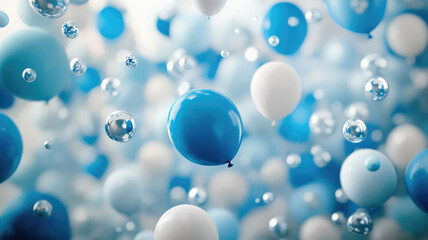 wide scale image full of many blue, silever and white floating balloons, detailed high resolution image
