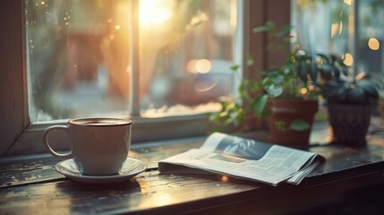 Obraz premium Reading the Newspaper: Enjoy a quiet moment by the window with coffee, flipping through the newspaper or a magazine to stay updated on current events and emerging trends. 