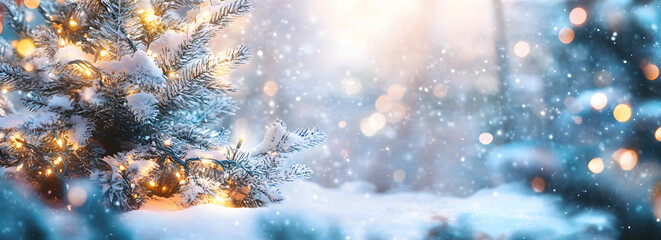 Christmas background. Xmas tree with snow decorated with garland lights, holiday festive background. Widescreen frame backdrop. New year Winter art design, Christmas scene wide screen holiday border