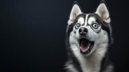 Obraz premium A Siberian Husky dog with wide-open eyes and mouth, looking surprised, on a black background. --ar 16:9 --v 6.1 Job ID: d54c1c91-2d22-4f7e-a8ce-cc26d23cf1f7