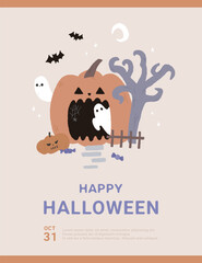 Halloween hand drawn  illustration poster with mansion, ghosts and pumpkin.