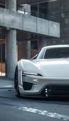 Sleek Electric Sports Car in High-Tech Urban Setting - Streamlined Design and Glossy White Finish