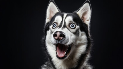 Obraz premium A Siberian Husky dog with wide-open eyes and mouth, looking surprised, on a black background. --ar 16:9 --v 6.1 Job ID: d54c1c91-2d22-4f7e-a8ce-cc26d23cf1f7