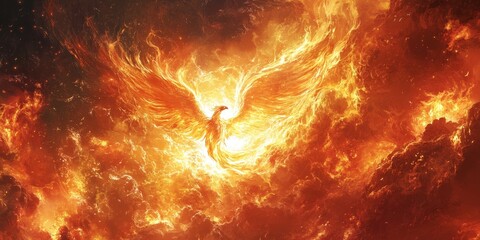 Detailed image of a rising phoenix amidst flames, capturing the metaphor of rebirth and transformation in powerful visual imagery