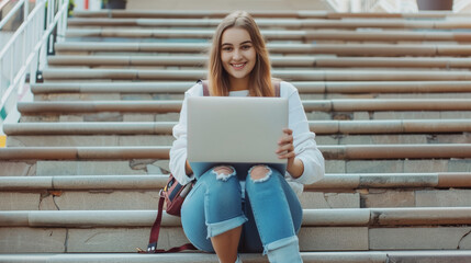 A young smiling girl sitting on stairs with a laptop on her lap, wearing ripped jeans and a light sweater. She looks happy and focused