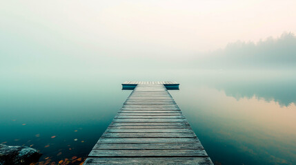 Fototapeta premium A straight flat simplistic rectangular, lake dock. beautiful sunrise, foggy. calm water. Nature relax wallpaper Lake'n Family Vector Silhouette