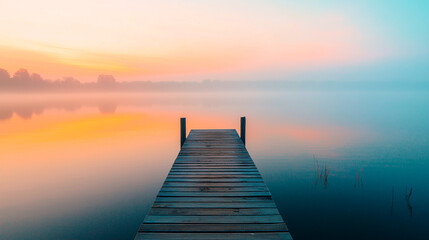 A straight flat simplistic rectangular lake dock, beautiful sunrise calm water. with ai generated