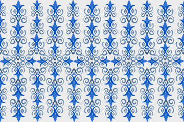 Seamless fabric pattern. European blue native damask pattern. White background illustration, vector, wallpaper.