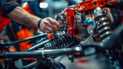 Engineer Tuning Race Car Suspension System with Detailed Components and Technical Equipment