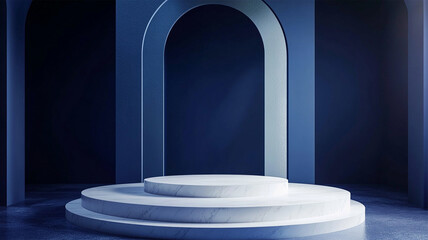 Minimalist Blue Pedestal Stage with Arch Background