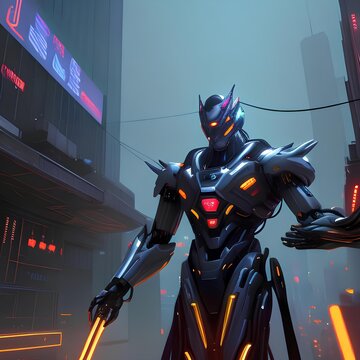 Neon Warrior, Cyberpunk Robot in a Holographic City with Glowing Blade
