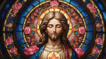 Fototapeta premium stained glass window in church, ai generated