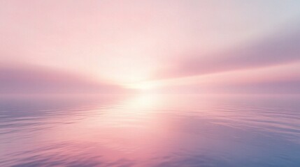 Fototapeta premium Serene Sunset: A breathtaking panorama of a sky ablaze with hues of pink and purple, reflecting in the tranquil waters below. The sun, a radiant orb, dips below the horizon.