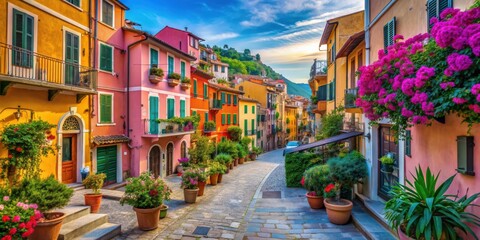 Naklejka premium Colorful picturesque street in Cinque Terre Italy with vibrant buildings and flowers, Italy, Cinque Terre, colorful