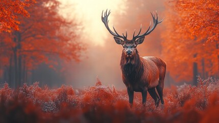 A majestic stag glows in the warm light of autumn, surrounded by fiery red foliage in a tranquil woodland setting