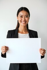 Fototapeta premium Professional Woman Holding Blank Sign in Business Attire for Customizable Corporate Message or Branding