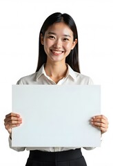 Fototapeta premium Professional Woman Holding Blank Sign in Business Attire for Customizable Corporate Message or Branding