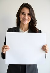 Naklejka premium Professional Woman Holding Blank Sign in Business Attire for Customizable Corporate Message or Branding