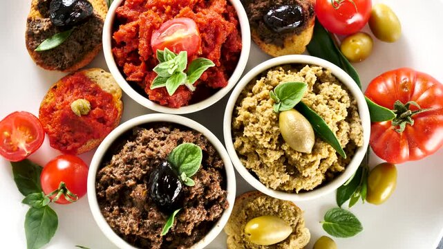 antipasto food with dipping sauce and toast
