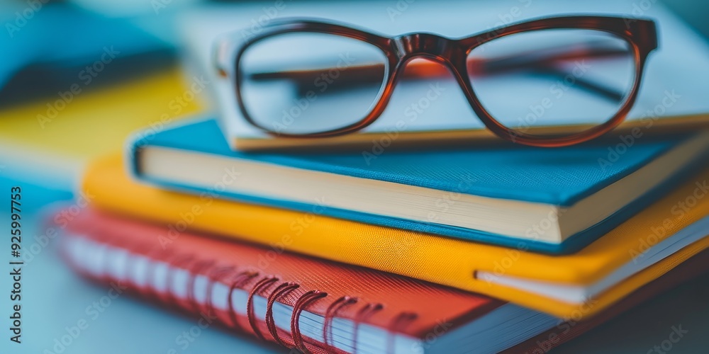 Poster close-up of a stack of colorful textbooks and notebooks with a pair of glasses on top, showcasing es