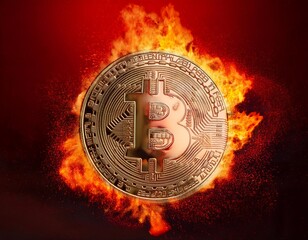 bitcoin coin exploding on red solid background, concept for crypto currency and finances