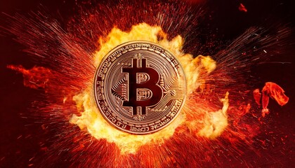 bitcoin coin exploding on red solid background, concept for crypto currency and finances