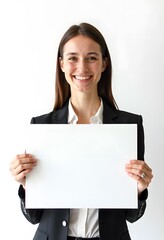 Naklejka premium Professional Woman Holding Blank Sign in Business Attire for Customizable Corporate Message or Branding