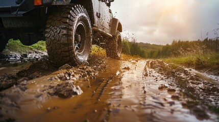 Off-Road Vehicle Navigates Muddy Trail with Enhanced Suspension for Extreme Conditions