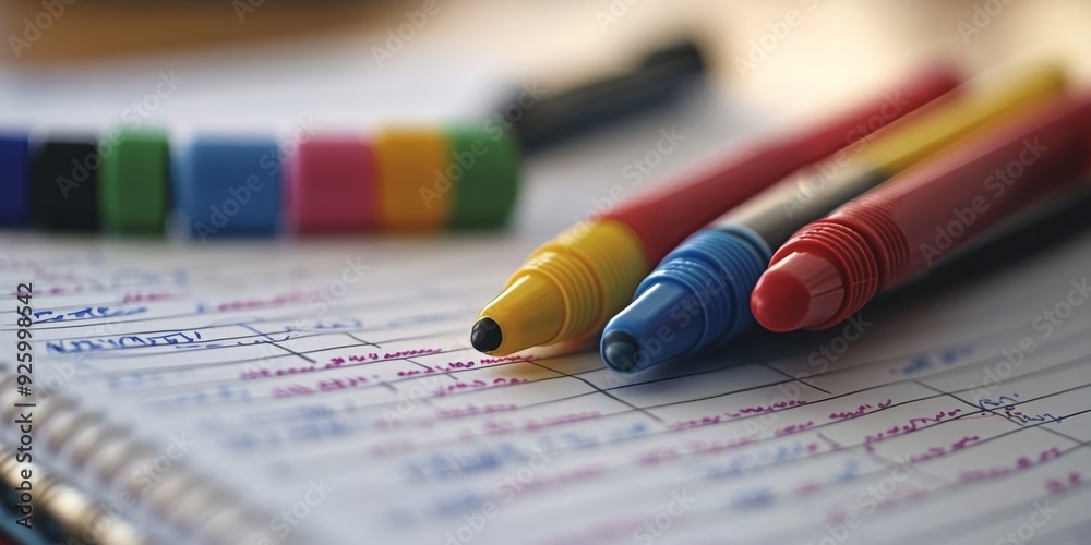 Poster macro shot of a lesson plan book with handwritten notes and markers, highlighting the preparation an