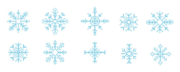 Pixel snowflake winter retro pixilated 8 bit game stamp. Holiday flake ornament. Simple crystal ornament. 