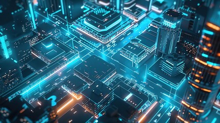 Fototapeta premium Futuristic cityscape with neon lights and tall buildings