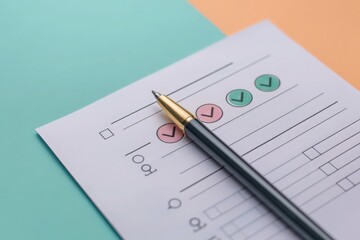A neatly designed feedback form rests against a vibrant background, with a pen positioned for easy completion and evaluation.