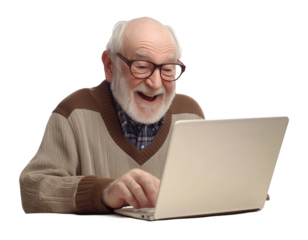 Happy Grandfather Old Man Using Laptop Isolated on Transparent Background PNG
