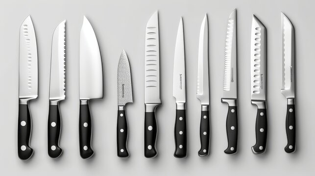 A neatly arranged collection of various knives displayed on a flat surface, including a set of chef knives, paring knives, and other specialty blades The knives are organized in an appeal
