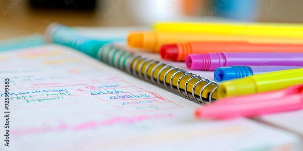 Aufkleber Macro shot of a lesson plan book with handwritten notes and markers, highlighting the preparation and organization of teaching materials