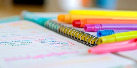 Naklejka premium Macro shot of a lesson plan book with handwritten notes and markers, highlighting the preparation and organization of teaching materials