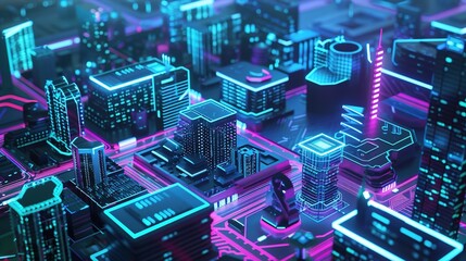 Futuristic cityscape with neon lights and tall buildings